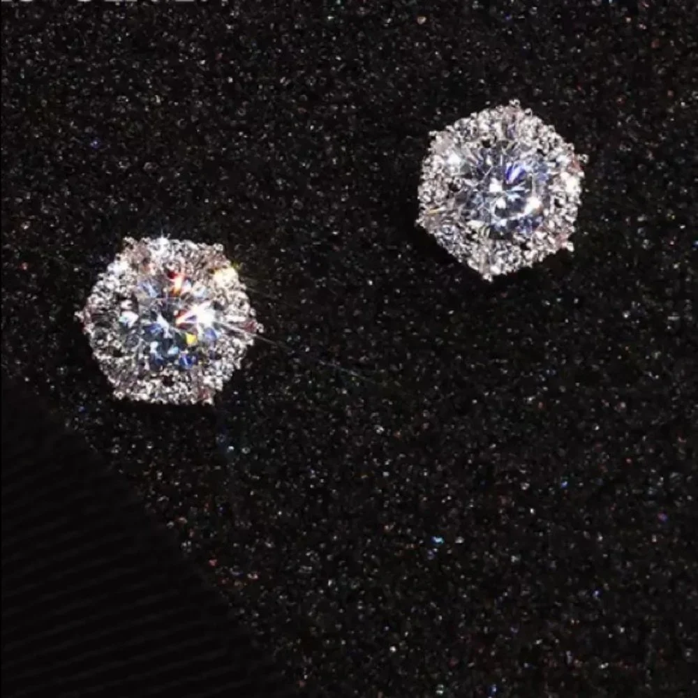 NEW Round Diamond Halo Hexagon Silver Stud Earrings